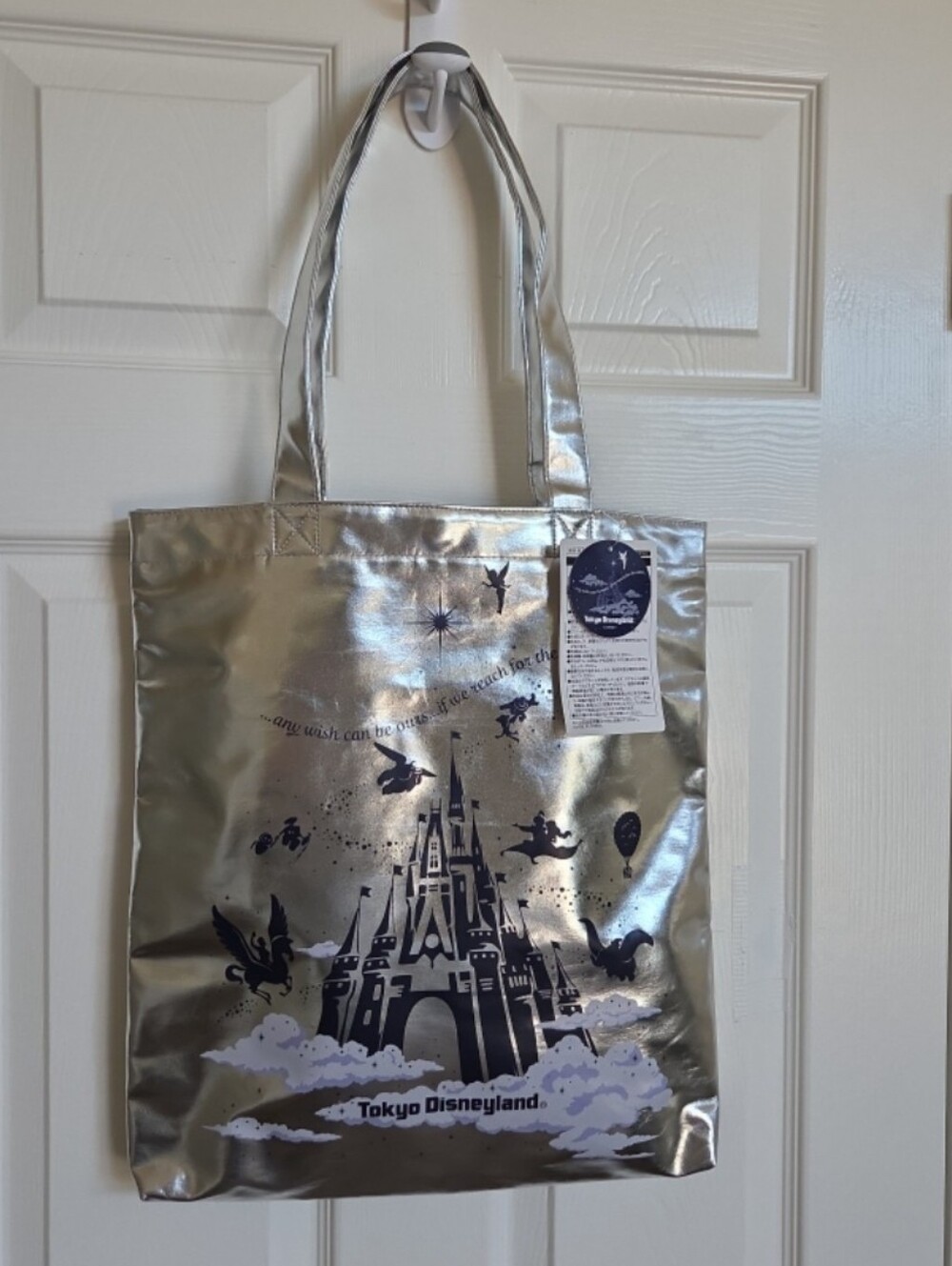 NWT Tokyo Disneyland "Reach for the Stars" Metallic Silver Tote Bag